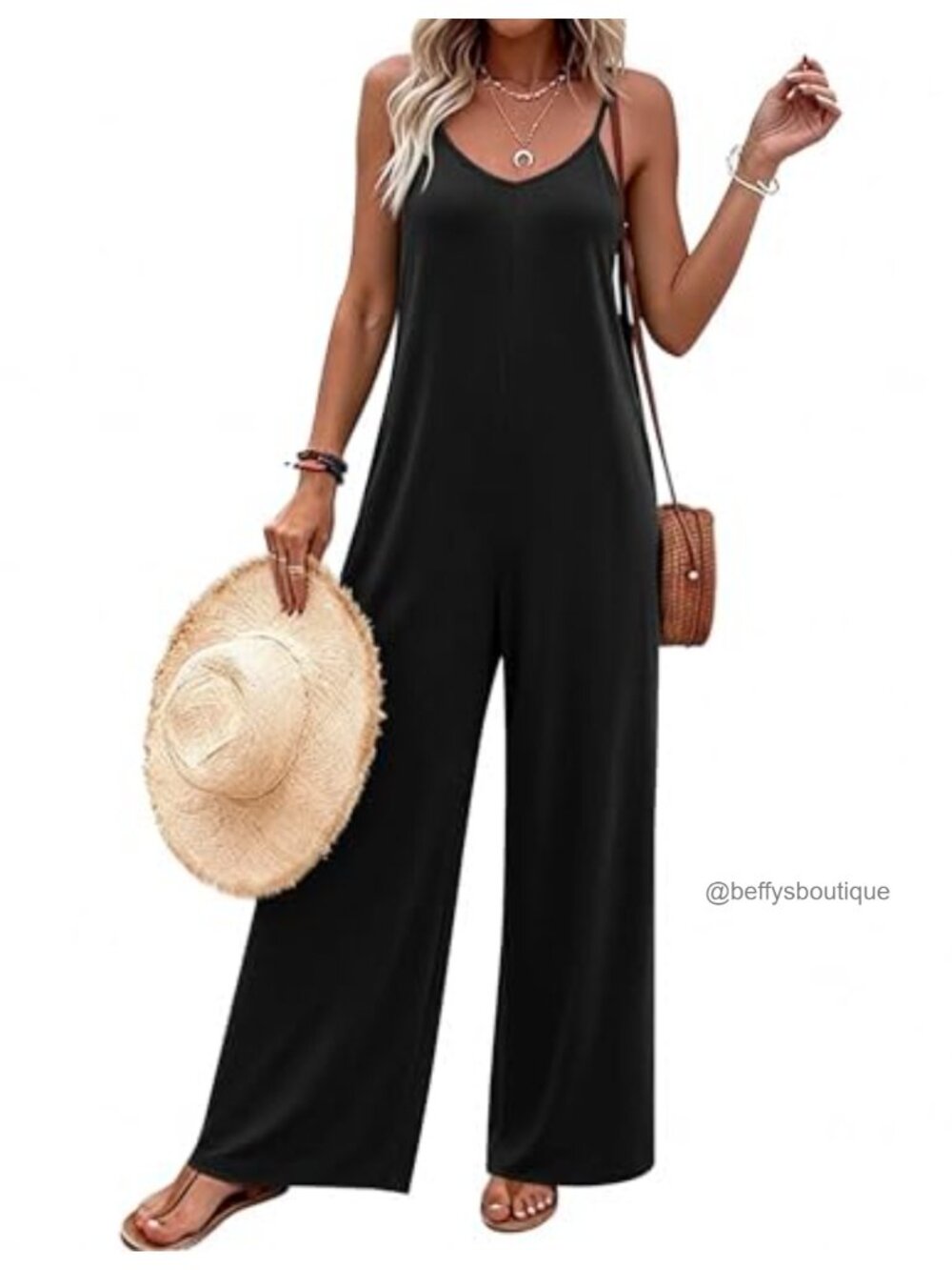 Women Boho Sleeveless Jumpsuit Spaghetti Strap Long Pants Romper with Pockets